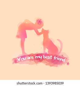 A Child playing with dog silhouette on watercolor background. The concept of trust, friendship and pet care. Digital art painting. Vector illustration