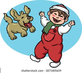 child playing with dog in winter