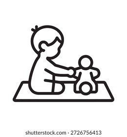 Un niño jugando con una muñeca en una Pequeña ilustración de arte de línea de mesa