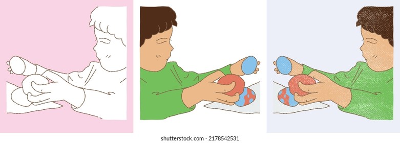 Child playing dough. Boy sculpting plasticine. Kid molding egg from clay. Set of different styles hand drawn flat vector illustration isolated on colored background.