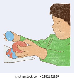 Child playing dough. Boy sculpting plasticine. Kid molding egg from clay. Hand drawn flat vector illustration cartoon characters in colored pencil texture style isolated on light grey background