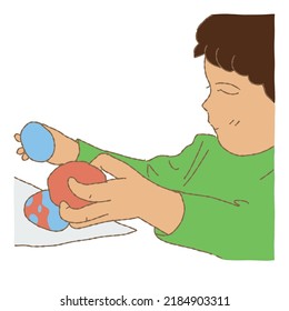 Child playing dough. Boy sculpting plasticine. Kid molding egg from clay. Hand drawn flat vector illustration cartoon character isolated on white background.