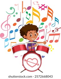 Child playing drums surrounded by vibrant music notes