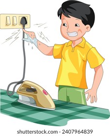 Child Playing with Electrical Appliance Vector Illustration