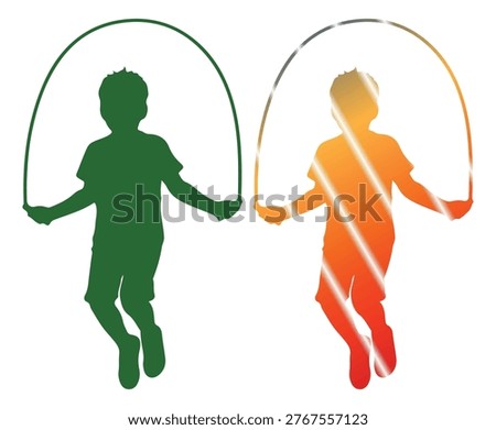 Child playing and exercising with skipping rope. green and rainbow gradient colors.
