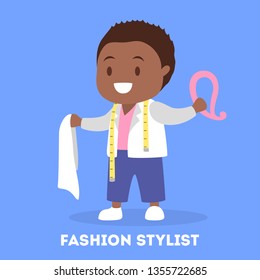 Child playing as a fashion stylist. Modern profession. Cheerful boy in suit. Flat vector illustration