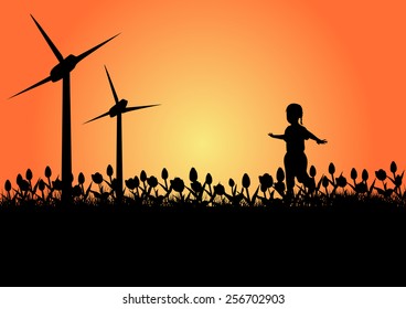Child playing in a field at sunset with a windmill--Vector illustration 
