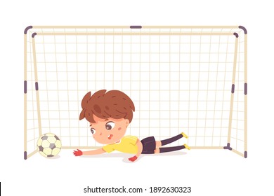 Child playing football or soccer as goalkeeper. Boy missing ball in net vector illustration. Sad little kid playing sport at practice, sportsman in uniform falling at net.