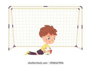 Child Playing Football Or Soccer As Goalkeeper. Boy Holding Ball In Hands Vector Illustration. Little Kid Playing Sport At Practice, Sportsman In Uniform.