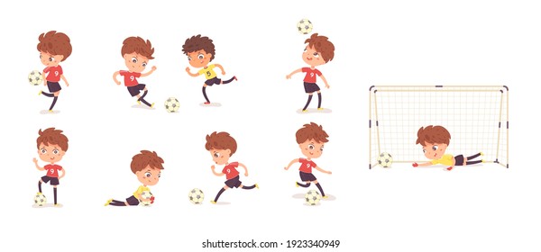 Child Playing Football Or Soccer Set. Boy In Various Poses And Position With Ball Vector Illustration. Happy Little Kid Playing Sport At Practice, Goalkeeper In Uniform At Net.