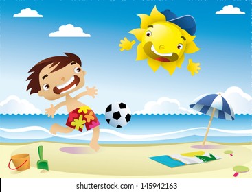 child playing football with the sun on the beach