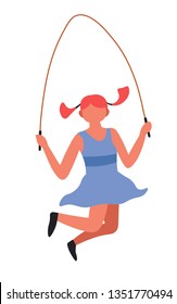 Child playing game girl jumping with skipping rope vector isolated female character outdoor summer activity or sport entertainment childhood kid having fun schoolgirl in dress with ponytails leisure
