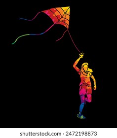 A Child Playing A Girl Running Fly a Kite Cartoon Sport Graphic Vector