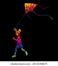 A Child Playing A Girl Running Fly a Kite Cartoon Sport Graphic Vector