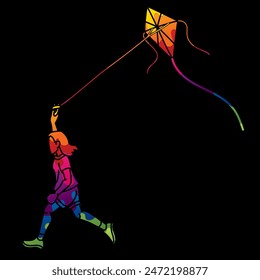 A Child Playing A Girl Running Fly a Kite Cartoon Sport Graphic Vector