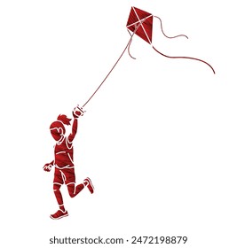 Ein Kind, das ein Mädchen spielt, das Fly a Kite Cartoon Sport Graphic Vektorgrafik