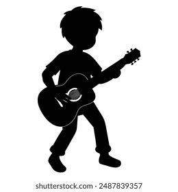 A child is playing the guitar silhouette vector illustration
