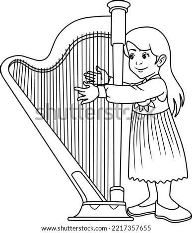 child playing harp line vector illustration isolated on white background