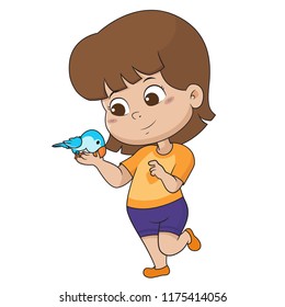 The child was playing with his good friend, that is a parrot.Vector and illustration.