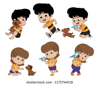 The child was playing with his good friend, that is the dog and a parrot.Vector and illustration.