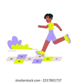 Child playing hopscotch on a numbered grid outdoors, symbolizing childhood fun, outdoor games, and physical activity, flat vector illustration isolated on white background.