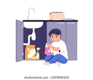 Child playing with kitchen detergents at home. Kid with cleaning chemical products, toxic cleansers, dangerous liquids. Safety risks. Flat graphic vector illustration isolated on white background