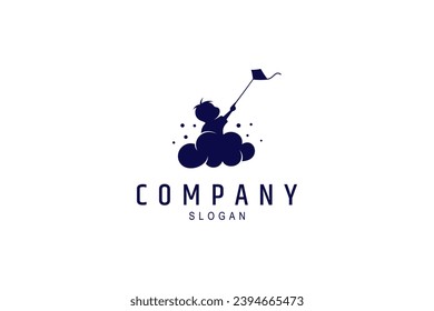 Cometa de juego infantil sobre las nubes, estilo de diseño del logotipo de la ilustración de vector plana