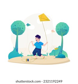 A child playing kite flat illustration design
