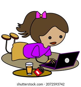 Child playing with laptop and eats fries and drinks juice.Girl eats and looks at laptop. Food and using laptop. Stay at home. Doodle cartoon style.