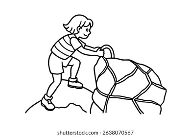 Child playing with large rock line drawing illustration
