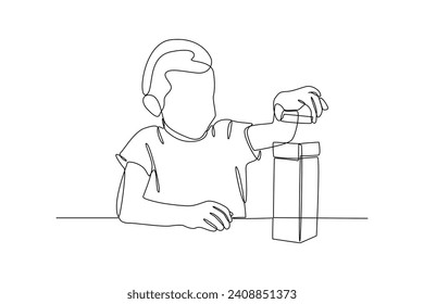 child playing lego toys and make building tower. Children game concept. Vector continuous line.