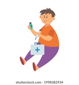 Child playing with medicine kit - cartoon boy in danger playing with medical bottle and syringe. Unsupervised kid in dangerous situation, isolated vector illustration