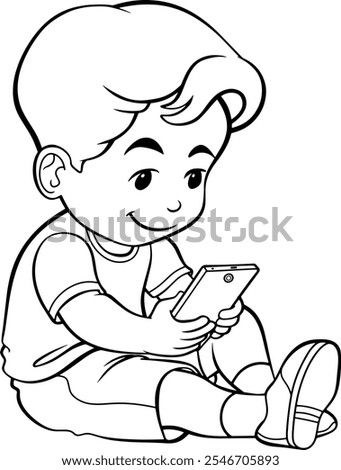 child playing on cellphone line vector illustration