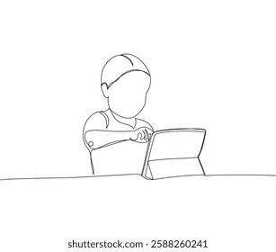 Child playing on tablet, educational games, interactive one line art. Continuous line drawing of online learning, knowledge, cognition, school, education, entertainment, video games.