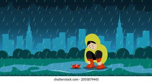 a child playing with a paper boat in the rain. rainy days concept illustration. eps vector