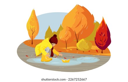 Child playing paper boat ship in puddle. Kid outdoor after autumn rain. Drawing in cartoon style. Yellow red trees and fall leaves. Seasonal weekend children games in City Park. Vector illustration