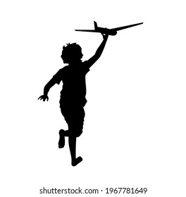Niño jugando con el avión. Niño ejecutando la ilustración vectorial de silueta.