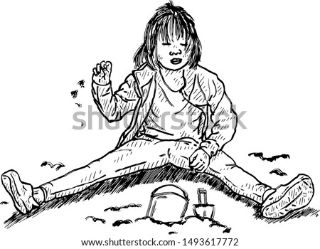 A child playing in a playground sandbox. Hand drawn vector illustration. 
