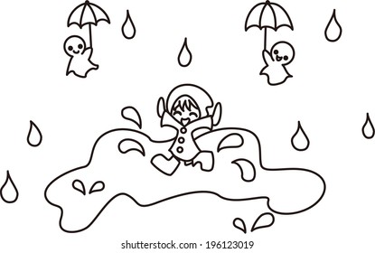 A child is playing in the rain