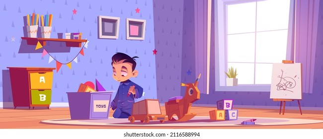 Child playing in room, little boy sit on floor with pencil in hand prepare for painting or drawing, Baby having fun at home interior with toys, furniture and wide window, Cartoon vector illustration