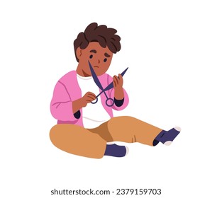 Child playing with scissors. Little black kid with sharp blade in hands. Cut danger, risk. Careless boy, insecure unsafe dangerous situation. Flat vector illustration isolated on white background