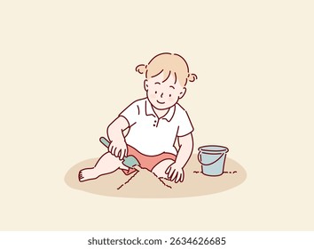 Child Playing with a Shovel in the Playground. Hand drawn style vector design illustrations.