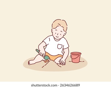 Child Playing with a Shovel in the Playground. Hand drawn style vector design illustrations.