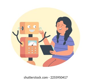 Child playing with smart robot, flat cartoon vector illustration isolated on white background. Robotics and engineering advanced future computer technology for kids.