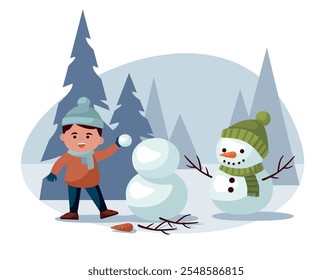 A child playing with snow. A little boy is making a snowman. Winter activities for children.