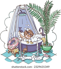 Child Playing with Soap Bubbles and Rubber Ducks in Bathtub - Vector Illustration