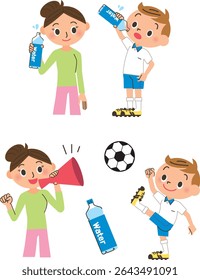 Uma criança jogando futebol está bebendo água enquanto sua mãe o torce.