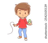 Child playing spinning top, vector illustration