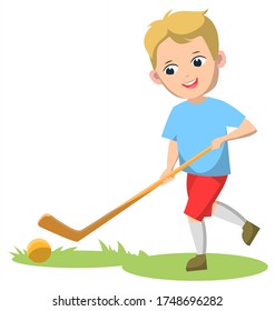 Child playing sportive game vector, field hockey player flat style character. Back to school concept cartoon of kid wearing sports costume, shorts and socks, holding wooden puck in hands illustration