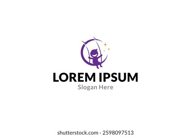 child playing swing on crescent moon in flat logo design style